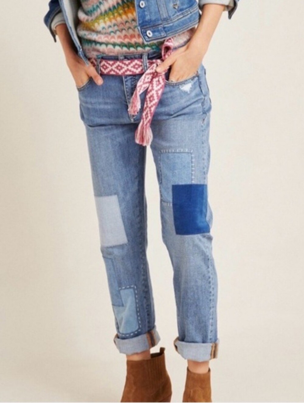 Pilcro Patchwork Light and Dark Blue Slim Boyfriend Jeans Size 16 W